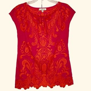 Beth Bowley Pink Orange Embroidered Cap Sleeve Blouse Size 4 Cotton Boho Top